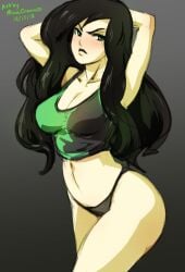 1girls artist_name black-haired_female black_hair clothing curvy dated disney disney_channel female female_only green_eyes hair kim_possible long_hair minacream panties panties_only shego shirt solo thick_thighs thighhighs_removed