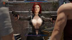 3d black_widow_(marvel) choker gun holding_gun holding_object holding_weapon latex latex_suit light-skinned_female light-skinned_male marvel marvel_cinematic_universe natasha_romanoff neckwear nipple_slip open_clothes ranged_weapon red_hair scarlett_johansson short_hair standing tagme tscd_rendering unseen_male_face wardrobe_malfunction