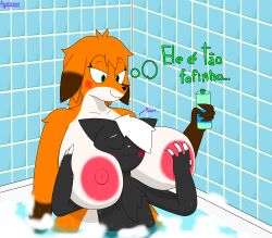 absurd_res age_difference agenexx_(agenexxowo) agenexxowo anthro bath bathing bathroom bathtub big_breasts black_body black_fur blue_background blush breast_grab breasts breasts_on_face brown_body brown_fur brown_markings canid canine chest_tuft christa_(agenexxowo) closed_eyes domestic_cat duo ears_back ears_down exposed_breasts felid feline felis female foam fox fur green_eyes green_text hair half-closed_eyes hand_on_breast hi_res huge_breasts larger_female long_hair looking_at_another looking_down looking_pleasured male male/female mammal markings mature_female narrowed_eyes nipples nude orange_body orange_fur orange_hair pink_nipples pivoted_ears portuguese_text purple_text purring simple_background size_difference skinny slightly_chubby smaller_male text thinking toony tuft water wet wet_body wet_breasts wet_fur white_body white_fingers white_fur white_hair younger_male