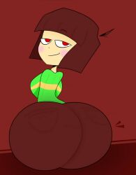 1girls ass_bigger_than_head ass_bigger_than_torso big_ass big_breasts blush brown_hair bubble_ass bubble_butt chara female female_only gigantic_ass huge_ass hyper_ass large_ass looking_at_viewer looking_back marioishere7 pants red_eyes smile smiling_at_viewer smirk toby_fox undertale undertale_(series) white_skin