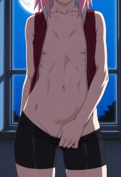 1girls ai_generated ass_visible_through_thighs bike_shorts black_shorts blue_sky breasts cloud collarbone convenient_censoring female full_moon head_out_of_frame indoors moon moonlight naruto naruto_(series) naruto_shippuden navel night open_shirt pink_hair red_shirt sakura_haruno shorts_pull sky small_breasts solo standing starry_sky tease thighs window