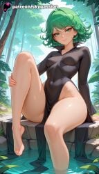 1girls 2025 ai_assisted ai_generated anime artist_name barefoot black_dress branch breasts bust covered_navel curly_hair dress explicit green_eyes green_hair hi_res high_quality high_resolution highres leaf no_panties one-punch_man patreon patreon_username potted_plant skypassion soaking_feet solo stable_diffusion tanzaku tatsumaki vines watermark