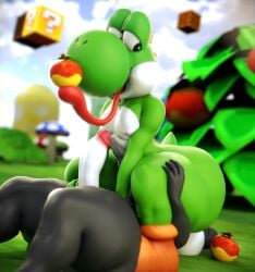absurd_res anthro black_body black_skin blender_(artwork) block digital_media_(artwork) dinosaur doommusk duo facesitting food fruit genitals green_body green_skin hi_res lire_(doommusk) male male/male mario_bros nintendo penis plant prehistoric_species reptile scalie shrub sitting_on_another tongue tongue_out wide_hips yoshi