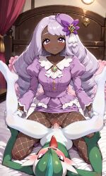 ai_generated amazon_position bedroom black_female dark-skinned_female dark_skin dominant_female erureido female female_human/male_pokemon fishnets gallade gloves happy_look hat high_heels jacinthe_(pokemon) long_hair lying_on_back nintendo pokemon pokemon_legends:_z-a pokephilia purple_eyes purple_hair purple_high_heels purple_lipstick purple_shoes vaginal_penetration very_dark_skin voluptuous wide_hips yukari_(pokemon)
