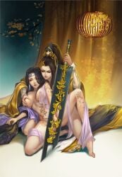 1boy bare_legs black_hair brown_hair character_request cony_(comicsun) covering covering_crotch curtains earrings female full_body greatsword groping hair_ornament jewelry jian_xia_qing_yuan_(series) jian_xia_qing_yuan_online_3 leg_up long_hair nude ponytail teeth watermark