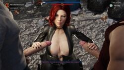 3d black_widow_(marvel) dialogue double_handjob english_text handjob huge_cock kneeling latex latex_suit light-skinned_female light-skinned_male marvel marvel_cinematic_universe natasha_romanoff pleasuring_the_enemy red_hair scarlett_johansson tagme text threesome tscd_rendering unseen_male_face