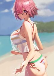 1girls 2022 alternate_costume ass beach bikini breasts eyebrows eyebrows_visible_through_hair eyelashes eyelashes_visible_through_hair eyes eyes_visible_through_hair fate/grand_order fate_(series) female female_ass female_only glasses hair_over_one_eye hi_res hips horizontal-striped_bikini horizontal-striped_swimsuit horizontal_stripes large_ass large_breasts mash_kyrielight official_alternate_costume outdoors pink_hair purple_eyes rororo short_hair slim_waist smile striped_bikini stripes swimsuit thighs