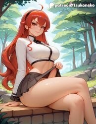1futa 2025 ai_assisted ai_generated anime artist_name breasts bust crossed_legs eris_greyrat explicit futanari hi_res high_quality high_resolution highres leaf long_hair looking_at_viewer mushoku_tensei outdoors patreon patreon_username penis potted_plant red_hair sitting skirt smile solo stable_diffusion tsukoneko watermark