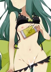 black_bra black_panties bra bra_lift cum cum_in_panties cum_on_panties cum_wearing cum_wearing_(panties) female gatchaman gatchaman_crowds green_hair groin head_out_of_frame highres holding long_hair miya_utsutsu morisobo navel nipples one_breast_out panties panty_pull petite simple_background small_breasts solo underwear very_long_hair white_background