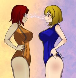 2girls artist_request bethesda_softworks big_breasts blonde_hair breasts brown_hair catfight crossover duo fallout female female_only leotard lightning_stare mii mii_gunner mii_gunner_(smash_4) mob_face multiple_girls nintendo pout rivals staredown super_smash_bros. tagme vault_dweller vault_girl vault_meat