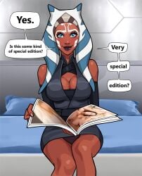 1girls ahsoka_tano alien alien_girl alien_humanoid belt blue_eyes book caught_in_the_act cleavage cleavage_cutout clothed clothing comic dialogue embarrassed english_text eyelashes facial_markings facing_viewer female female_only female_protagonist fit_female front_view head_markings hi_res holding_book holding_object humanoid legs_spread lekku_(anatomy) magazine markings minko montrals not_furry panties porn_magazine solo speech_bubble star_wars star_wars_rebels surprised text thick_thighs togruta tribal_markings upskirt watching_porn