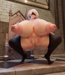 1girls big_breasts black_blindfold black_thighhighs blindfold engimaniac huge_ass huge_breasts huge_thighs hyper_nipples legs_spread nier:_automata nipples palace pussy squatting thick_thighs throne_room topless white_hair yorha_2b