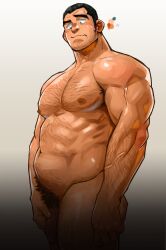 1boy absurdres arm_hair bara biceps black_hair blush broad_shoulders brown_hair chest_hair completely_nude cowboy_shot facial_hair foreskin gradient_background grey_background groin highres large_pectorals looking_down male_focus male_pubic_hair muscular_arms navel nipples nose nude original pectorals penis pubic_hair raised_eyebrow shiny_skin short_hair sideburns solo stomach_hair striped_blush strongman_waist stubble suamaru sweatdrop thick_eyebrows triceps veins veiny_arms very_short_hair