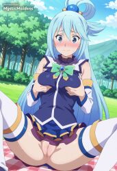 ai_generated anime anime_style aqua_(konosuba) artist_name bare_shoulders blue_eyes blue_hair blue_shirt blue_skirt blue_sky blush breasts cleft_of_venus closed_mouth cloud day detached_sleeves female grabbing_own_breast grass green_bow hair_between_eyes hair_ornament hair_rings hentai hi_res kono_subarashii_sekai_ni_shukufuku_wo! konosuba long_hair looking_at_viewer medium_breasts mystic_maidens no_panties outdoors patreon patreon_username picnic pussy shirt sitting skirt sky sleeveless solo spread_legs sweat thighhighs tree uncensored very_long_hair web_address white_thighhighs