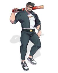 1boy 1male baseball_bat beard bulge clothed facial_hair gecko_(geckobara) geckobara glasses male male_only muscles muscular muscular_male ripped_clothing tattoos twitter_user_oc