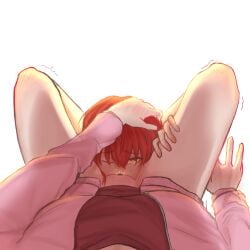 2girls ^^^ artist_request bad_id bad_pixiv_id blush bocchi_the_rock! cunnilingus cunnilingus_pov female_pov female_pubic_hair gotou_hitori hand_blush hand_on_another's_head hand_on_another's_thigh heart heart-shaped_pupils highres jacket kita_ikuyo knee_blush multiple_girls one_eye_closed oral pink_jacket pov pubic_hair pussy_juice red_hair simple_background symbol-shaped_pupils trembling trembling_legs unzipped white_background yellow_eyes yuri