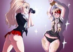 2022 2girls artist_request black_underwear blackmail blonde_female blonde_hair blue_eyes blue_underwear bondage camera camera_flash danganronpa danganronpa:_trigger_happy_havoc danganronpa_1 danganronpa_2:_goodbye_despair embarrassed embarrassed_female female female_only flashing gradient_background gray_eyes humiliation junko_enoshima koizumi_mahiru photografic_proof photographic_proof photographing photographing_another photography photoshoot pie pink_background purple_background red_hair rope roped ropes short_hair simple_background straight_hair super_danganronpa_2 underwear undies