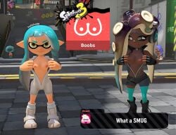 2girls 3d agent_8_(side_order) agent_8_(splatoon) ai_generated almost_naked almost_nude anthro_female anthromorph areolae belly_button big_hands big_hips black_boots black_eyelashes black_gloves black_hair black_nipples black_suit boobs_out boots breasts breasts_out brown_body brown_nipples brown_skin city city_background collar dark-skinned_female dark_skin day day_time daytime dialogue_box dj earphones ears exhibitionism exhibitionist eye_symbol eyelashes female female/female female_anthro female_focus floor floor_tiles girl graffiti graffiti_on_wall green_eyebrows green_eyes green_hair green_leggings grok grok_imagine hips in_game in_game_model in_public inkling inkling_girl inkling_player_character jellyfish large_fingers light-skinned_female light_blue_eyebrows light_blue_hair light_body light_nipples light_skin long_hair long_tentacle_hair looking_at_partner looking_at_viewer marina_(splatoon) mole mole_above_mouth naked naked_female naked_tits navel nintendo nintendo_switch nipples no_bra nose octoling octoling_girl octopus_girl pearl_(splatoon) pigtail pink_nipples pointed_ears pointy_ears public railing sexy sexy_body sexy_breasts sexy_female sexy_pose shorts singer smile smiling smug smug_face splatoon splatoon_(series) splatoon_3 splatoon_oc squid_girl stairs street teamwork tentacle tentacle_hair tight_clothes tight_clothing tiny_tits tits_out uncensored uncensored_nipples username video_game_character video_game_franchise white_boots white_clothing white_suit yallahs80 yellow_eyes zipper zipper_down