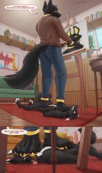 animal_genitalia animal_penis anklet anthro anubian_jackal azmarai_(character) big_feet biped bodily_fluids canid canine canine_genitalia canine_penis canis claws coal_(samt517) collar comic dripping duo english_text feet floor_mat foot_fetish foot_on_face genital_fluids genitals hi_res huge_feet jackal jewelry knot knotted_penis macro male male/male male_anthro mammal misplaced_urethra necklace objectification painting penis plantigrade precum precum_drip size_difference stomping text thaz_(artist) toes tongue tongue_out trampling uncaring weight_difference wolf