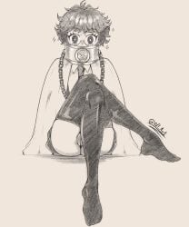ass black_eyes black_hair black_thighhighs chained chained_up chains cloak collar covered_mouth crossed_legs fully_clothed glasses limbus_company messy_hair monochrome project_moon pussy pussy_peek self_upload shirt signature sitting sitting_cross_legged sketch skirt sora_(limbus_company) sparkles teasing thigh_highs thighs tie xvi