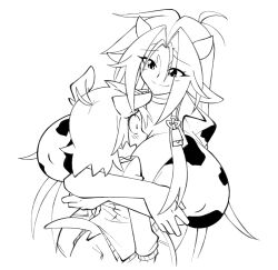 1boy 1girls between_breasts breasts cow_bell cow_ears cow_girl cow_horns cow_print ego_trigger female hug huge_breasts male matsu-sensei matt_(matsu-sensei) mattie_(matsu-sensei) monochrome mutt_matt_(natsu-sensei) size_difference smaller_male smile tagme