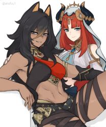 2girls abs anafuu blue_eyes cat_ears dark-skinned_female dark_hair dark_skin dehya_(genshin_impact) fake_animal_ears female genshin_impact headdress horns jewelry light-skinned_female light_skin necklace nilou_(genshin_impact) red_hair smirk yuri