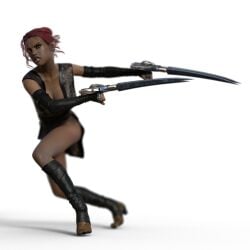 1girls 2019 3d clothed clothing dark-skinned_female dark_skin depth_of_field elf_ears female female_only gazukull green_eyes holding_weapon large_breasts pointy_ears red_hair slushe_(website) solo solo_female transparent_background