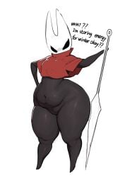 1girls ass black_body black_skin bottom_heavy bottomless chubby chubby_female dialogue english_text female hollow_knight hollow_knight:_silksong hornet_(hollow_knight) horns okgaki shortstack simple_background text thick_thighs thighs weapon wide_hips