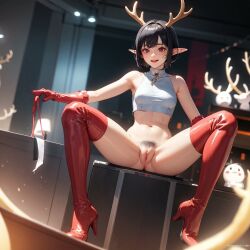 ai_generated antlers black_hair cum_in_pussy cum_inside elf_ears eye_contact female gloves leaking_cum pixie_cut pussy red red_eyes red_gloves seductive_expression short_hair smirk smug_expression stripper teasing usebackdooronly