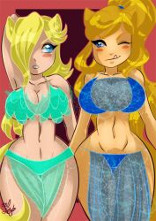 2girls belly_dancer belly_dancer_outfit blonde_female blonde_hair blue_eyes cat_ears cleavage dancer dancer_outfit hair_over_one_eye harem harem_girl harem_outfit huge_breasts large_breasts licking_lips loincloth long_hair lufidelis mario_(series) metroid nintendo platinum_blonde_hair princess_rosalina samus_aran super_smash_bros. thick_thighs voluptuous wink yuri