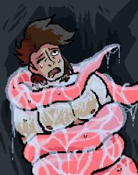 big_breasts blush bodily_fluids breasts brown_hair cave digital_media_(artwork) duo hair human male mammal muscular not_furry pink_tentacles pixel_(artwork) restrained slime slime_on_breasts submissive submissive_male sweat tentacle wet zhenya_arsenic