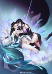 2girls black_background black_hair blue_eyes breast_grab breasts chains character_request cony_(comicsun) copyright_request dress flower grabbing groping hair_ornament long_hair lotus multiple_girls no_panties open_mouth purple_dress restrained sitting yuri