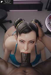 1boy 1girls 3d ai_generated asian asian_female ass big_ass big_breasts big_penis black_hair blowjob blue_bra blue_thong blue_underwear breasts brown_eyes chun-li cock dark-skinned_male earrings eyelashes eyeshadow fellatio female female_focus hair_bun half_naked hand_on_head huge_breasts huge_cock interracial light-skinned_female light_skin looking_at_viewer makeup male male_pov nightclub nude_male on_knees oral oral_penetration oral_sex penis pov sodaglow_artist street_fighter underwear voluptuous voluptuous_female