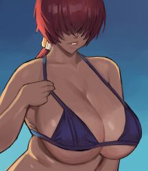 1girls about_to_burst bangs_over_eyes barely_contained barely_contained_breasts barely_fits big_breasts bikini bikini_top biting_lip biting_own_lip breasts_too_big bursting_breasts cleavage clothed clothed_female clothing dairenke_art hair_covering_eyes hair_over_eyes huge_breasts imminent_wardrobe_malfunction inconvenient_boobs inconvenient_breasts king_of_fighters large_breasts light-skinned_female light_skin lipstick long_hair looking_at_own_breasts looking_down looking_down_at_breasts looking_down_at_self pulling_bikini_string red_hair shermie_(kof) snk solo thick tight_bikini tight_fit tight_swimsuit tight_swimwear too_tight underboob undersized_clothes undersized_clothing white_skin