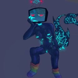anthro blue_body blue_pupils blue_skin blue_teeth clitoris dysphoria electricity electricity_manipulation enlarged_clitoris gender_dysphoria gills glowing_genitalia glowing_screen hazbin hazbin_hotel hazbin_hotel_(season_2) highres homosexual male_only naked nude_male rainbow_socks red_eyes resting_on_arms shark shark_tail solo tboy tdick top_surgery_scars transgender transgender_male transmasc tv tv_head uncensored uncomfortable upset vox_(hazbin_hotel) voxescumslut_(artist)