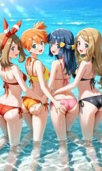 4girls :d ai_generated aqua_eyes ass ass_grab asymmetrical_hair back bare_shoulders bikini bikini_bottom black_bikini black_swimsuit blue_eyes blue_hair blush bow_hairband bracelet breasts brown_hair clothing dawn_(pokemon) day female from_behind grabbing green_eyes groping group hair_ornament hairband hairclip halterneck hand_on_another's_ass headwear jewelry kasumi_(pokemon) light_brown_hair light_rays long_hair looking_at_viewer looking_back may_(pokemon) medium_breasts misty_(pokemon) multiple_girls ocean open-mouth_smile open_mouth orange_bikini orange_hair orange_swimsuit outdoors partially_submerged pink_bikini pink_swimsuit pokemon pokemon_character ponytail red_bikini red_hairband red_swimsuit ribbon serena_(pokemon) short_hair shoulder_blades side-tie_bikini side-tie_bikini_bottom side-tie_clothing side-tie_swimsuit side_ponytail sideboob sky small_breasts smile standing string_bikini sunbeam sunlight swimsuit take_your_pick thighs tied_hair wading water wet yellow_bikini yellow_swimsuit