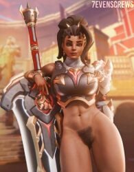 1girls 3d 3d_(artwork) 7evenscrews abs armor armored_female belly_button bottomless earrings female fit fit_female hair hairy hairy_pussy italian_female looking_at_viewer muscular muscular_female navel overwatch overwatch_2 partially_clothed ponytail pubic_hair red_eyes solo solo_female standing sword vendetta
