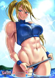 1girls abs blonde_hair blue_eyes female_abs female_focus metroid muscular muscular_female nintendo ponytail pubic_hair pulling_panties samus_aran sasatseng six_pack water wet