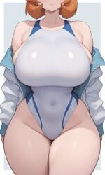 misty_(pokemon) misty_(pokemon_hgss) kasumi_(pokemon) pokemon ai_generated bare_shoulders blue_one-piece_swimsuit blue_swimsuit clothing competition_swimsuit covered_navel highleg highleg_swimsuit impossible_clothes impossible_swimsuit jacket long_sleeves multicolored multicolored_clothes multicolored_swimsuit off_shoulder one-piece_swimsuit open_clothes open_jacket sportswear swimsuit tank_suit tight_swimsuit track_jacket two-tone_swimsuit white_jacket white_one-piece_swimsuit white_swimsuit armpit_crease armpits blush breasts busty clavicle curvaceous female groin huge_breasts large_breasts navel orange_hair plump short_hair sideboob skindentation thick_thighs thighs wide_hips closed_mouth standing 1girl solo