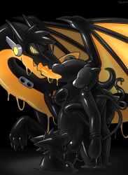 after_transformation alien anthro black_body canid canine canis dragon feral group hacony hi_res hypnosis knee_deep latex male male/male mammal mind_control null_bulge rubber visor wings wolf