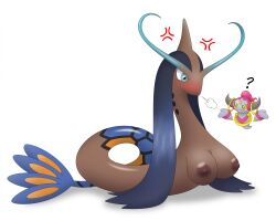 after_transformation ambiguous_gender blush breasts duo female feral generation_3_pokemon generation_6_pokemon gym_leader hi_res hoopa hoopa_(confined) joyvell legendary_pokemon milotic nessa_(pokemon) nintendo pokemon pokemon_(species) simple_background species_transformation transformation