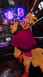 3d beak bird city_background feathers five_nights_at_freddy's five_nights_at_freddy's_2 fnaf furry glass luiske476 playtime_chick sweater toy_chica_(fnaf) vrchat vrchat_avatar yellow yellow_body