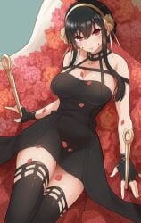 1girls assassin big_breasts black_dress black_hair breasts female_human human kurosususu large_breasts light-skinned_female long_hair mature_female milf mother petals red_eyes rose_(flower) slim_waist solo solo_female spy_x_family stiletto_(weapon) thighhighs thighs thorn_princess yor_briar yor_forger