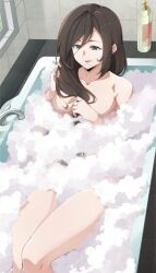 bath bathing breasts brown_hair eroblast green_eyes olivia_(eroblast) sfw