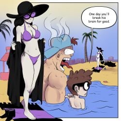 1girls 2boys artist_request awooga bare_legs bare_shoulders bare_thighs barefoot beach beach_towel belly_button bikini black_hair black_hat black_sunhat blush braided_hair breasts clevage comedy eyes_popping_out eyewear female funny glasses goth goth_girl hat headwear humor in_water jock jock_(nerd_and_jock) long_hair male nerd_(nerd_and_jock) nerd_and_jock_(webcomic) nervous nervous_face no_shoes ocean olga_(nerd_and_jock) pale_skin purple-tinted_eyewear purple_bikini purple_sunglasses removing_clothing shy string_bikini string_bikini_bottom string_bikini_top sun_hat sunglasses taking_clothes_off tinted_eyewear towel water webcomic