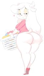 2015 animal_ears anthro anthrofied ass basket big_ass big_butt blush bottomless breasts caprine chun-ni clothed clothing female footwear fur furry furry_only goat hair half-closed_eyes half-dressed heart high_heels holding horn hoshime laundry looking_back mammal milf miracle_star partially_clothed seductive sketch smile smut-valerian solo tail thick_thighs topwear wide_hips