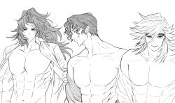 3boys abs big_pecs demon_slayer douma facial_markings frown gangbang kimetsu_no_yaiba long_hair_male looking_at_viewer male male_only michikatsu_tsugikuni monochrome muscular muscular_male muzan_kibutsuji open_clothes open_shirt pecs ponytail shirtless smile spiky_hair thick_eyebrows threesome topless topless_male undressing upper_body wavy_hair