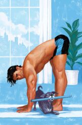 1boy batman_(series) bending_over canine caucasian caucasian_male david_talaski dc dc_comics dick_grayson looking_at_viewer male male_only muscles muscular muscular_male nightwing pinup short_shorts smiling_at_viewer solo solo_male superhero yoga