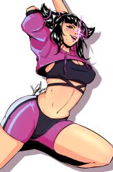 1girls arms_up belly belly_button breasts crazy female female_only fully_clothed juri_han lense looking_at_viewer martial_artist pumpkinunicorn solo solo_female street_fighter sweat sweating sweaty thick thick_thighs thighs tummy