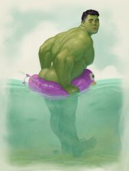 1boy ass david_talaski floatie green-skinned_male green_skin hulk hulk_(series) in_water inflatable_ring male male_only marvel marvel_cinematic_universe marvel_comics muscular muscular_male nude nude_male pinup solo